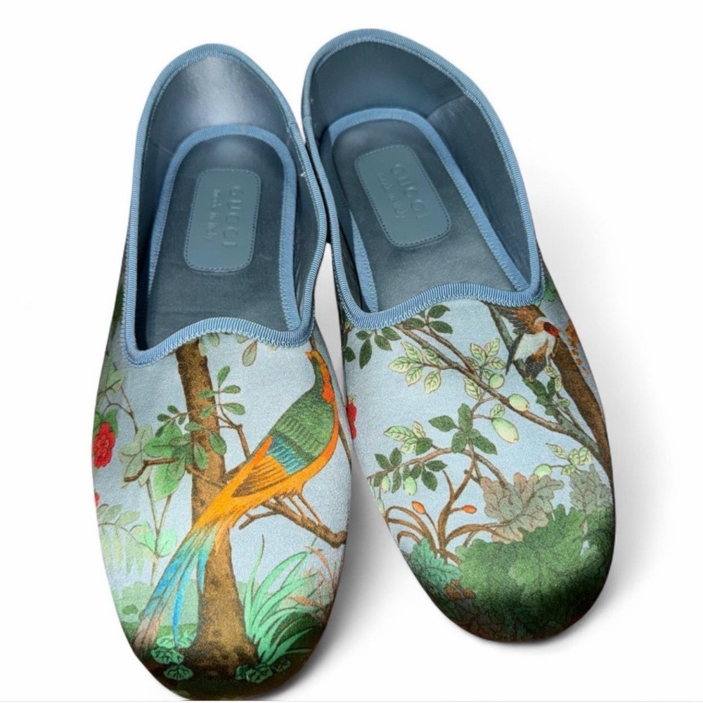 Gucci Tian-printed Women's Light Blue Bird Print Slippers Silk Satin size 9
